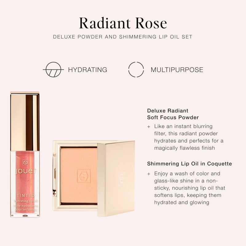 [Australia] - Jouer Radiant Rose Face + Lip Set, Translucent Setting Powder & Shimmer Lip Oil - Blurring Powder - Hydrating Lip Oil - Set Face Makeup 
