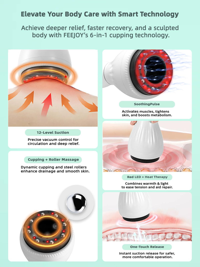 Lymphatic Drainage Massager with Suction & Heat – 12-Level Cupping Massage Device for Cellulite Reduction, Deep Tissue Pain Relief & Muscle Recovery, Body Sculpting Machine
