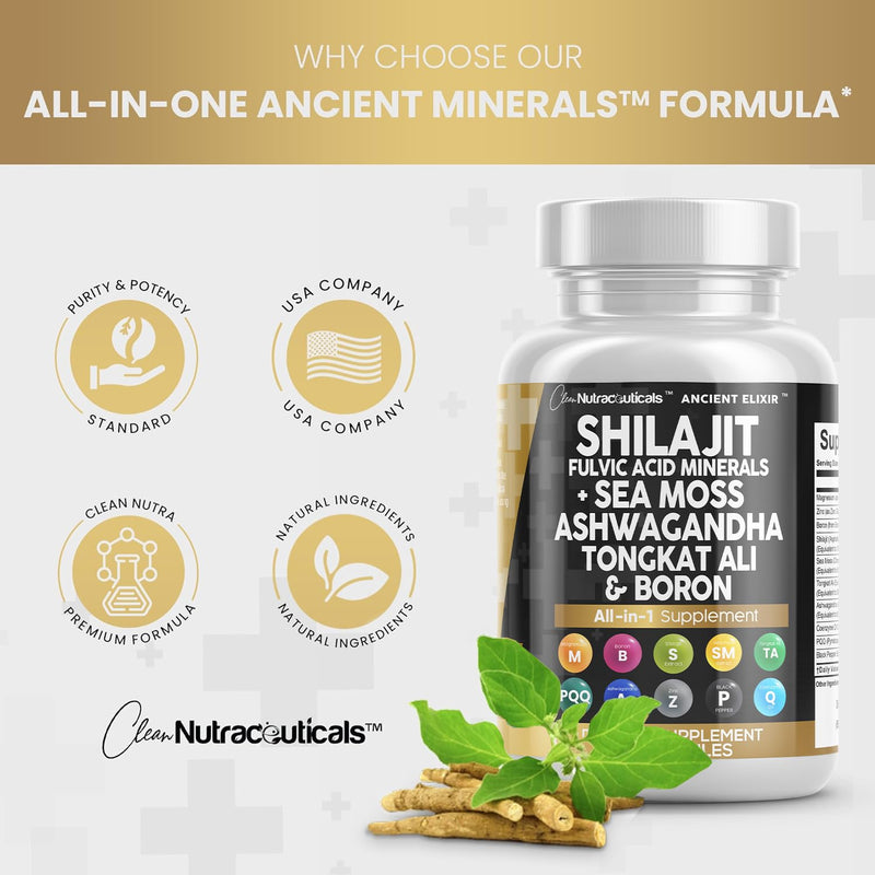 [Australia] - Shilajit Supplement 10,000mg with Sea Moss 6000mg, Ashwagandha 6000mg, Tongkat Ali, Boron, Magnesium - Fulvic Acid Capsules for Men - 90 Count 