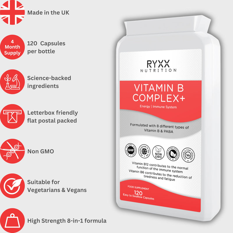 Vitamin B Complex+ | High Strength & High Absorption B Vitamins | 120 Vegan Capsules | with B6, B12 & Folate for Energy & Tiredness Reduction | Made in the UK by RYXX