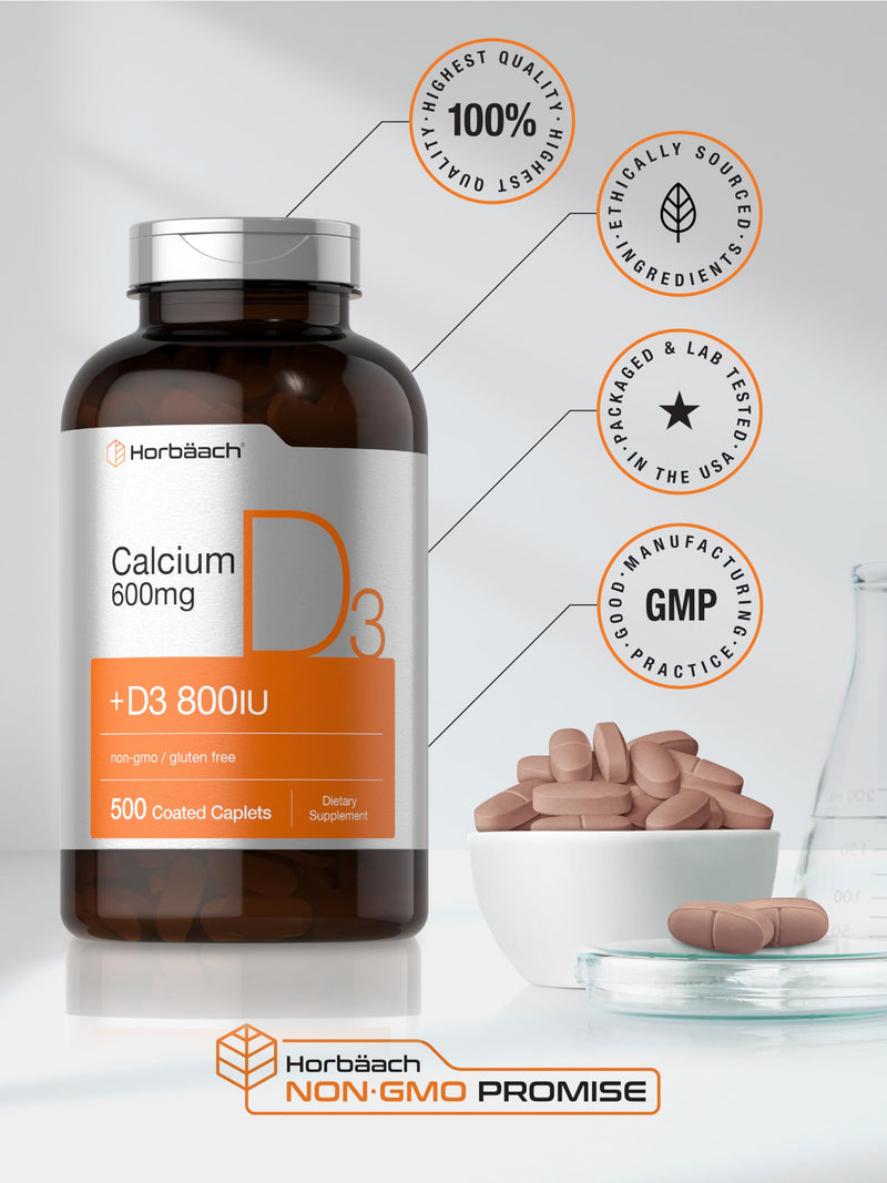 Horbaach Calcium 600 mg with Vitamin D3 | 500 Coated Caplets | For Women and Men | Non-GMO & Gluten Free Supplement