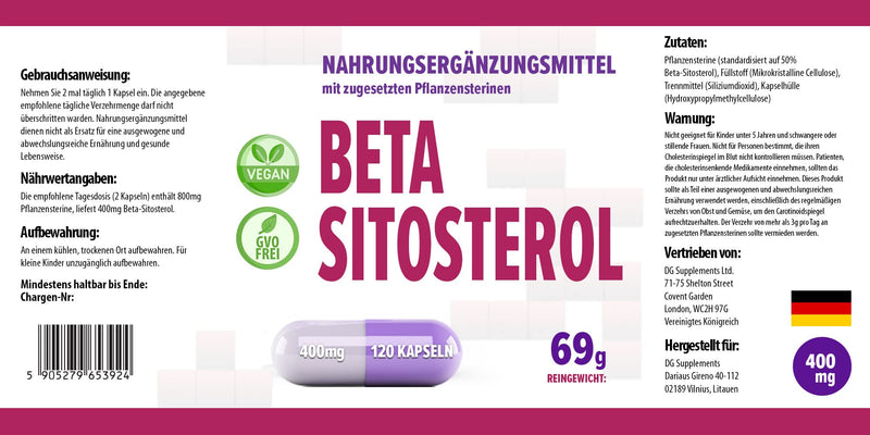 [Australia] - Beta Sitosterol 400mg 120 vegan capsules, laboratory tested, high dosage 