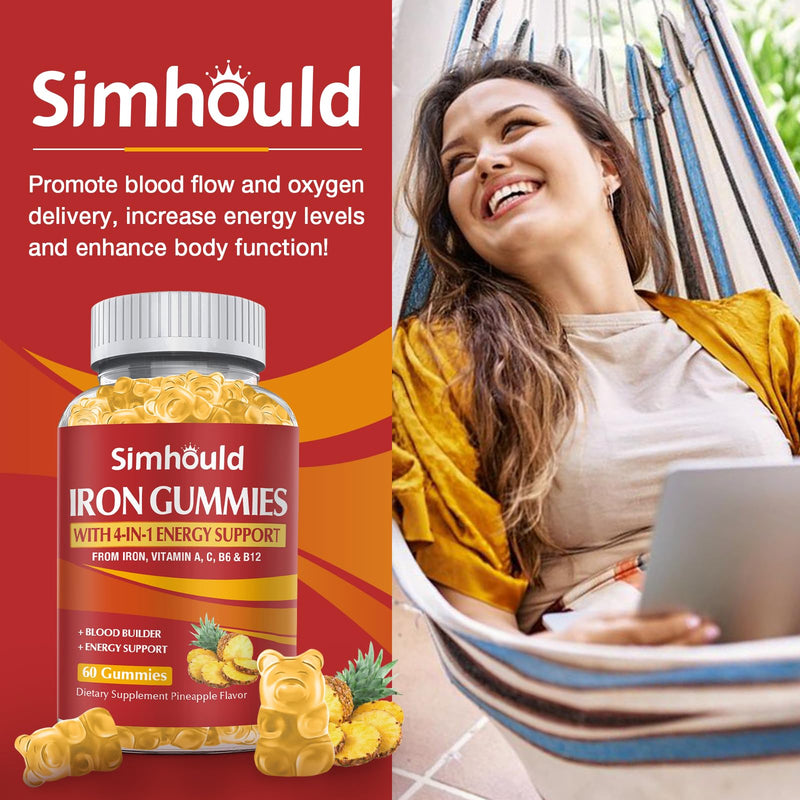 1 Pack Vegan 80MG Iron Supplement Gummies for Women & Men - Vitamin A, C, B for Adults & Kids - Blood & Builder & Energy Support for Iron Deficiency, Anemia - 60 Counts Pineapple Flavor Gummies Yellow - 1 Pack