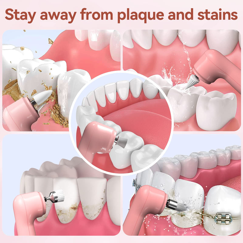 Tooth Polisher,Electric Tooth Polisher Professional with 5 Replacement Heads & 5 Cleaning Modes,USB Rechargeable,Ipx6 Waterproof, Pulidor De Dientes Electrico for Adults & Kids Pink