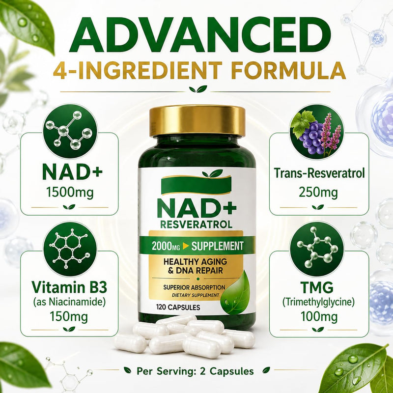 NAD+ Resveratrol Supplement 120 Capsules, NMNH Advanced Cellular Repair & Healthy Anti-Aging Formula with Nicotinamide Riboside, Superior Absorption Supports Metabolism 120 count (Pack of 1)