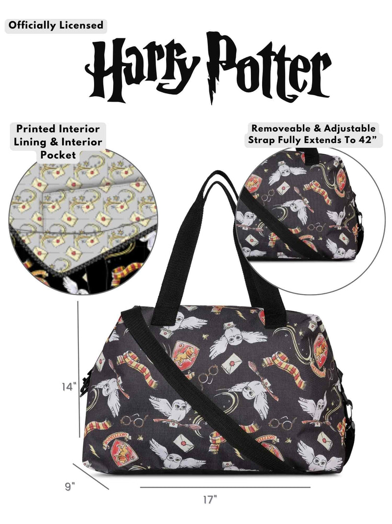 Harry Potter Tote Duffel Bag Hogwarts All Over Print Owl Glasses Carry On Travel Black