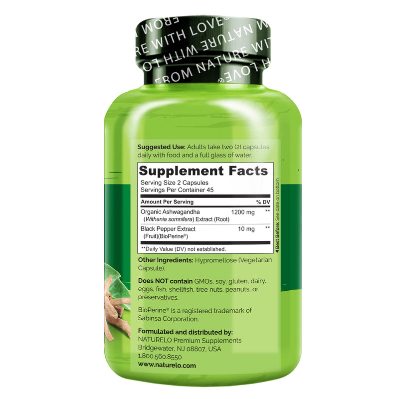 [Australia] - NATURELO Ashwagandha Organic Root Powder - Natural Herbs Supplement for Fatigue, Stress Relief, Mood Enhancer - with Black Pepper Extract - 90 Vegan Capsules Unflavored 90 Count (Pack of 1) 