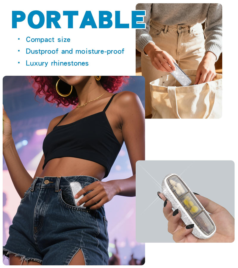 Bling Travel Pill Organizer Crystal Rhinestone 3 Compartments Independent Lid Portable Small Pill Case Box to Hold Vitamins Container for Pocket Purse Medicine Organizer