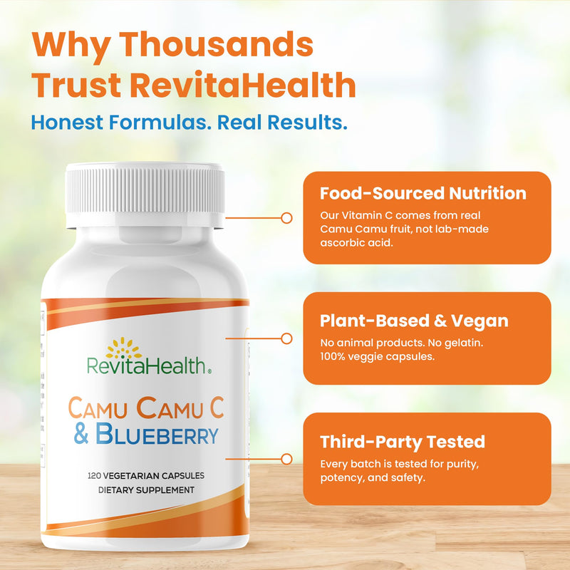 Camu Camu Vitamin C Supplements with Blueberry Extract - Whole Food VIT C & Bioflavonoids for Immune Support, Everyday Wellness & Skin Health - 120 Vegetarian Capsules