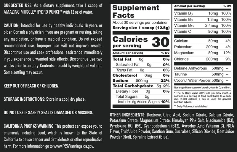 Amazing Muscle Hydro Punch Powder | Hydration + Electrolyte Blend | Contains Vitamin B, C, Betaine Anhydrous & More | 30 Servings (30 Servings, Wild Berry) Wildberry 13 Ounce (Pack of 1)