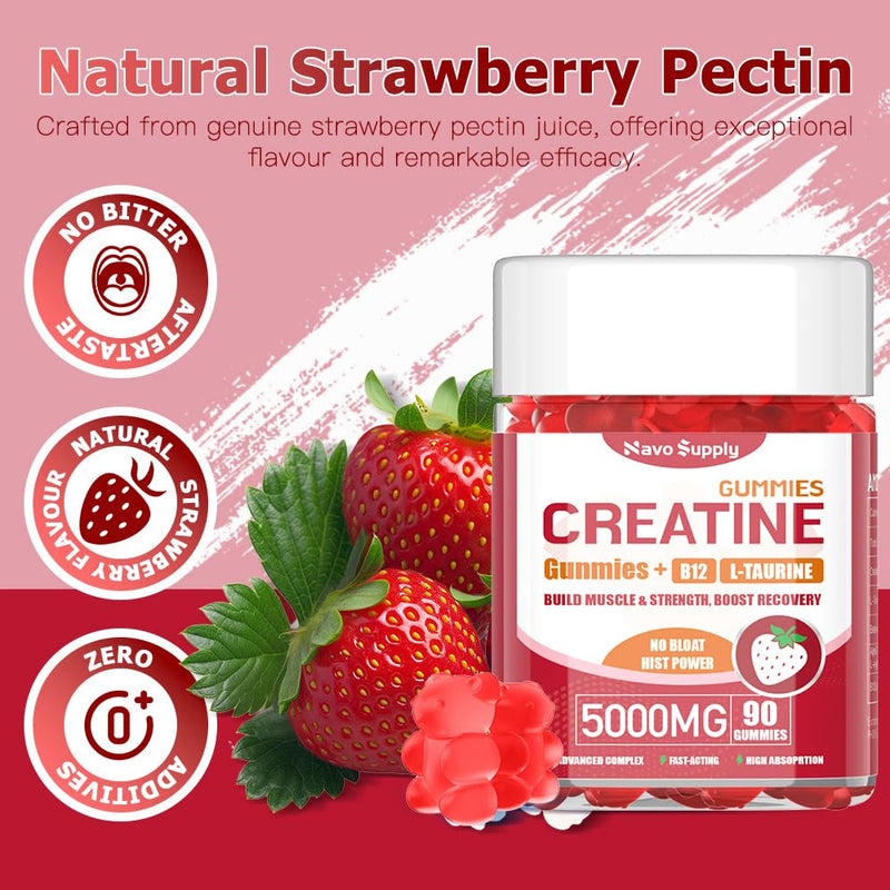 Creatine Monohydrate 5000mg Gummies - Sugar Free Muscle Support Supplement with Electrolytes & Vitamin D3 | Strawberry Flavour Chewable Creatine for Athletes & Fitness Flavor:strawberry 90 count (Pack of 1)