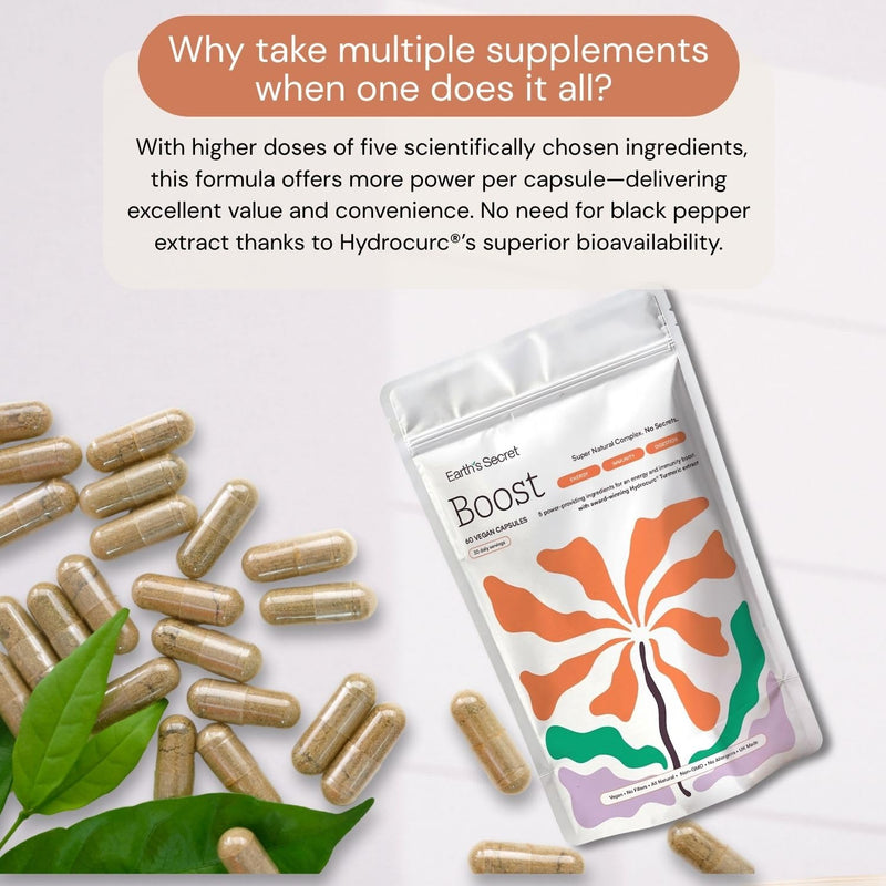 Earth's Secret Organic Turmeric Capsules - Extracted with Hydrocurc Turmeric, Spirulina, Reishi Mushroom, Black Elderberry & Ginger Root - Award Winning Supplement for Men & Women - 60 Vegan Capsules