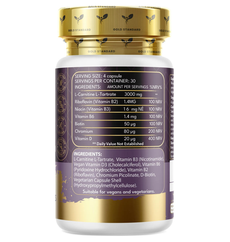 L-Carnitine Capsules 3000mg - L-Carnitine Formula with Vitamins D & B - High Strength L-Carnitine Tartrate Supplement – 120 Vegan Tablets – Supports Energy, Metabolism, & Reduces Tiredness & Fatigue