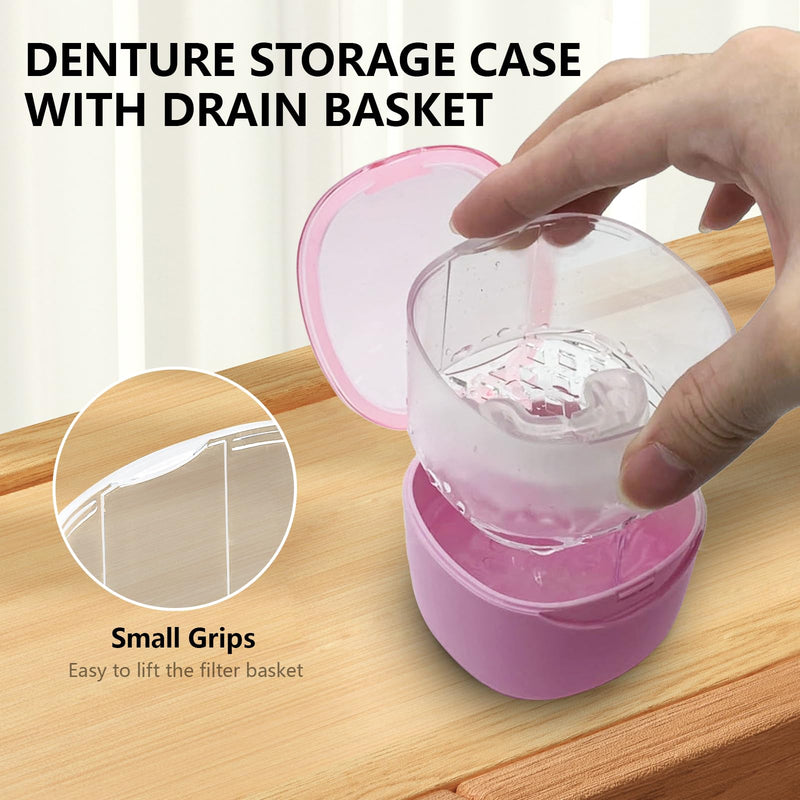 [Australia] - Partial Denture Case Leak Proof with Strainer Basket and Brush, Waterproof Denture Cup Retainer Cleaning Bath Case Travel for Dentures, Braces, Night Guard - Pink 