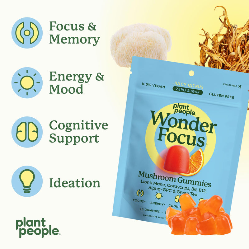 [Australia] - Plant People WonderFocus Mushroom Gummies with Lion‚Äôs Mane & Cordyceps - Nootropic Brain Supplement Boosts Memory, Focus, Energy & Mood in Adults | No Sugar, 100% Vegan, Citrus Flavor, 60 Count 60 Count (Pack of 1) 