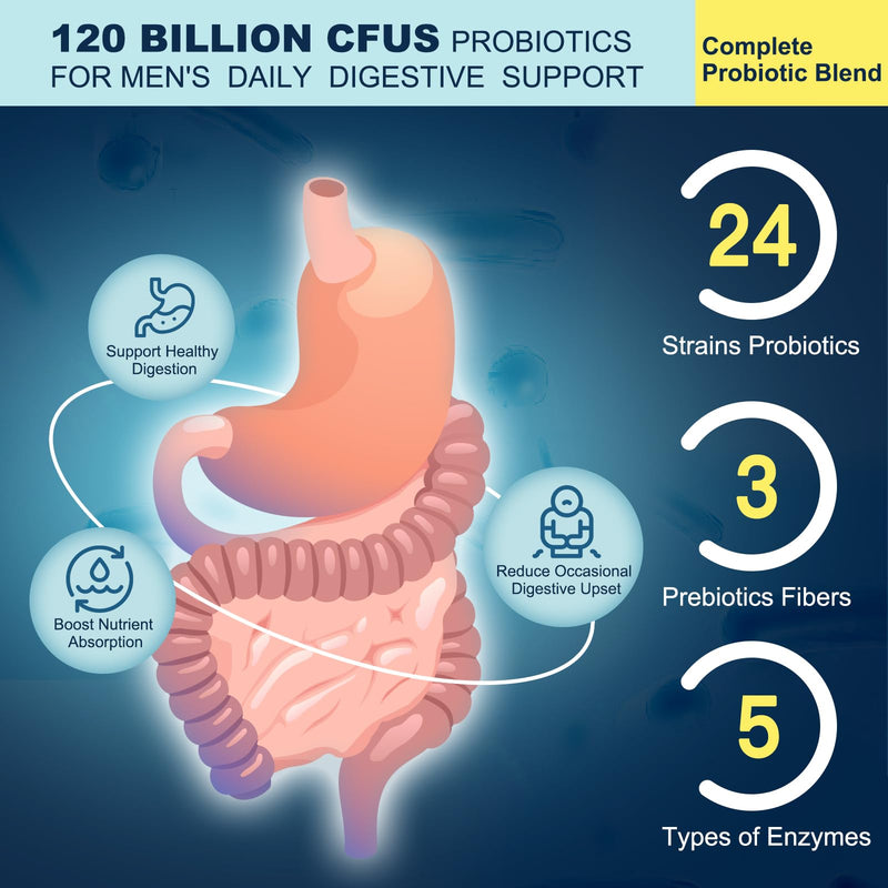 [Australia] - Probiotics for Men Digestive Health, 120 Billion CFUs Mens Probiotic with Digestive Enzymes & Prebiotics & Saw Palmetto & Cranberry for Gut, Prostate & Urinary Tract Health, Shelf Stable, 90 Capsules 90 Count (Pack of 1) 