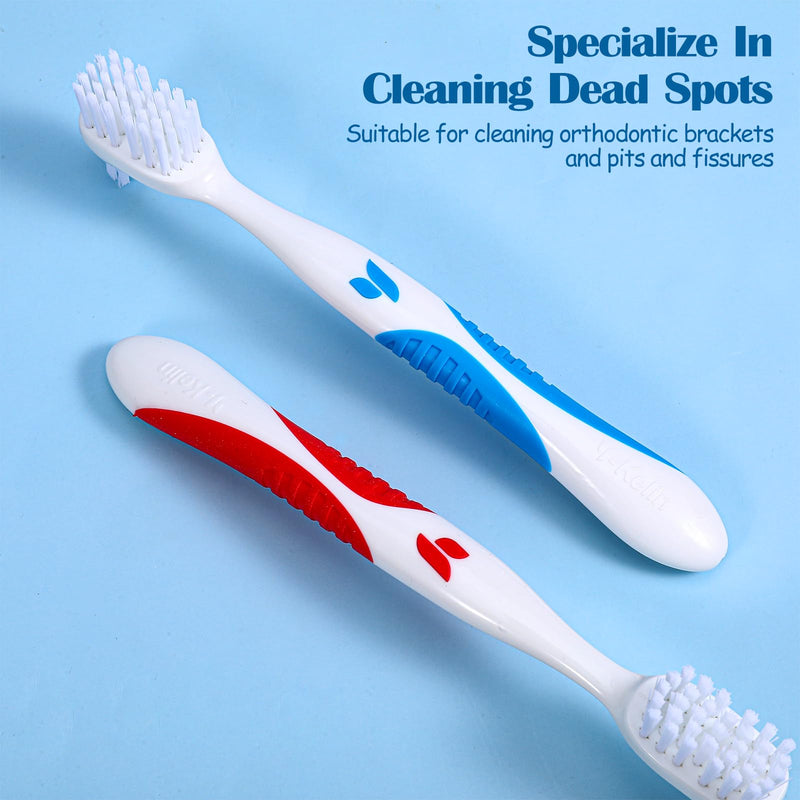 [Australia] - 2PCS Denture Brush Set - Dual-Head Denture Cleaning Brush with Ergonomic Rubber Handle Multi-Layered Soft Bristles (Blue & Red) 