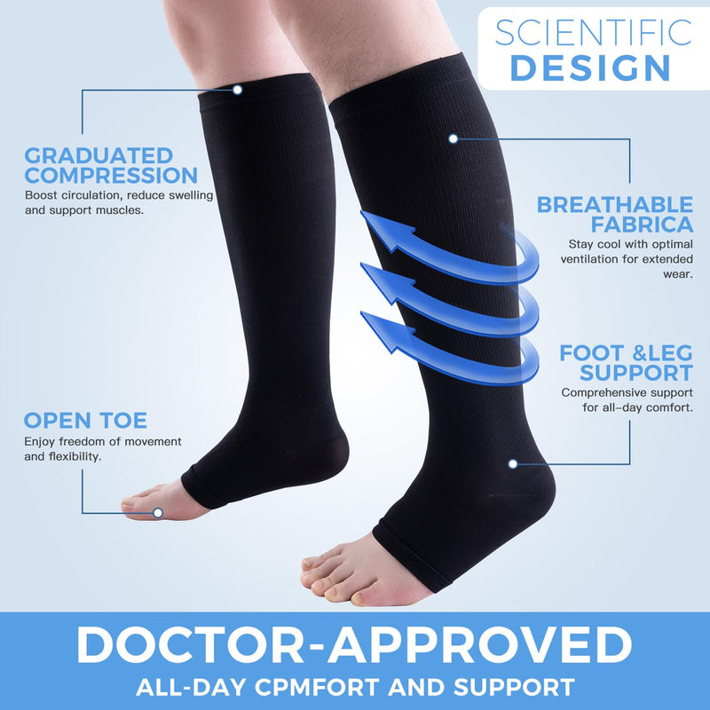 [Australia] - 3 Pairs Open Toe Compression Socks for Men & Women - 15-20 mmhg Knee High Stockings for Circulation Support Large-X-Large 03-b-b-n 