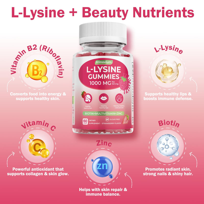 L-Lysine Gummies 1000 mg for Women per serving, 60mg Lysine Extract Supplement for Adults & Kids with Biotin, Multivitamins & Zinc - Cold Sore Supplement for Lip, Hair, Skin & Nail Health - 60 Count