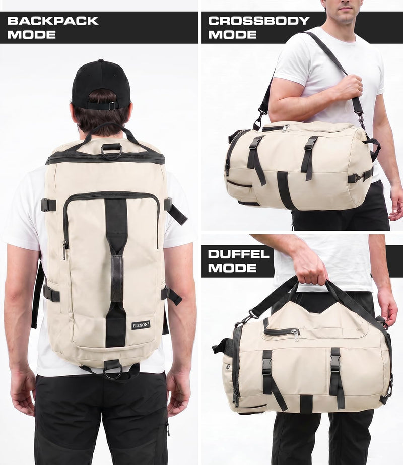 Plexon 3 in 1 Duffle Backpack for Travel Gym Sports Workout, 21" Water-resistant Carry On Duffel Bag, Lightweight Tear-Resistant Weekender for Men Women White