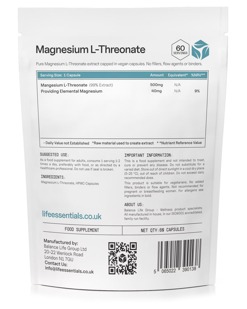 Life Essentials Magnesium L-Threonate 500mg Capsules - Brain Support Supplement for Memory & Cognitive Function - Superior Absorption - 60 Vegetarian Capsules