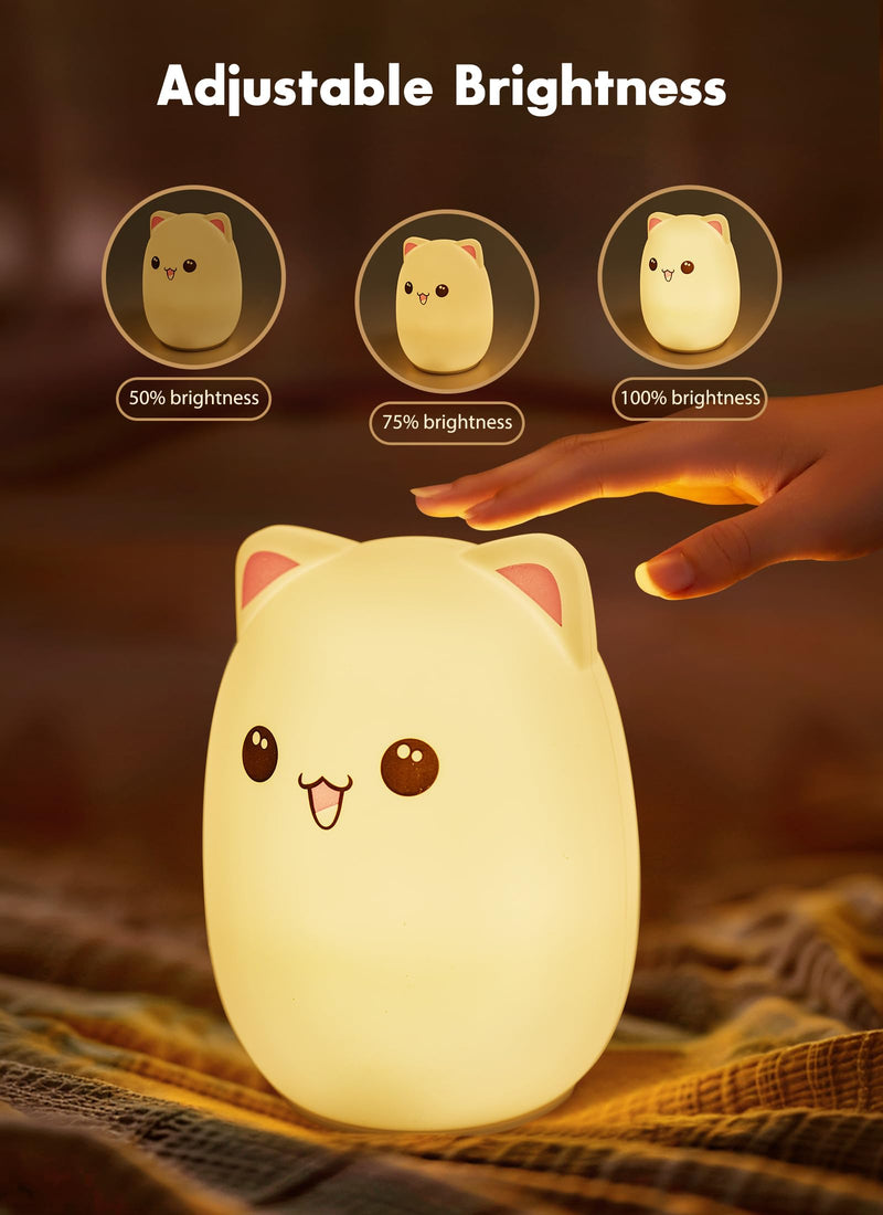 [Australia] - Minetom Night Light for Kids, Cute Silicone Kitty Night Light with 3 Levels of Brightness, 7 Colors Rechargeable Lamp for Bedroom, Girls and Boys, Nursery, Baby Gifts, Tap Control Kawaii Cat 