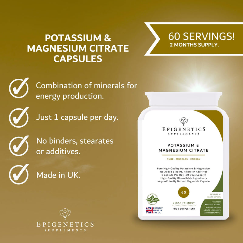 Potassium & Magnesium Citrate | 150mg Potassium Citrate + 80mg Magnesium Citrate | 60 Vegan Friendly Capsules UK Made | 1 Capsule Daily (2 Month Supply)