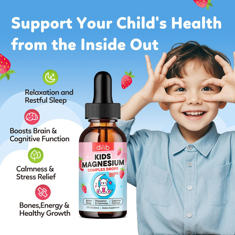 2 Pack Kids Magnesium Liquid Drops - Liquid Magnesium Glycinate for Kids, Citrate Supplement with L-theanine, Omega-3, Vitamin B12, D3 for Sleep, Calm, Relaxation, Brain, Bones, Strawberry 4 Fl Oz 2 Fl Oz (Pack of 2)
