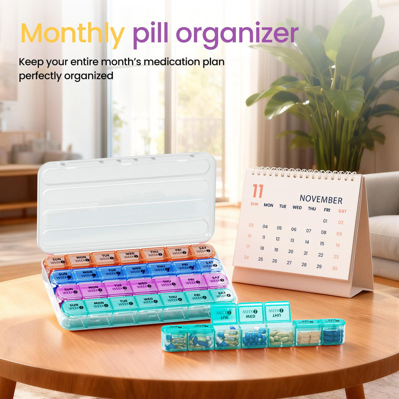 Betife Monthly Pill Organizer 1 Time a Day, Pill Box 28 Day, BPA-Free | Portable Travel Pill case, Compact, Easy Open, Airtight, Dual protection, Large capacity for Vitamin, Fish Oils, Supplement White