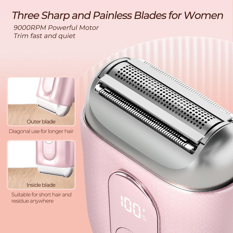 Electric Razor for Women - Mini Bikini Trimmer - Shaver for Pubic, Legs, Arm & Body - Painless Hair Removal Device - Cordless Wet & Dry Use