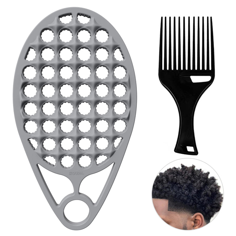 KOUPA Silicone Curly Hair Brush with Pick Comb, One Piece Twist Curl Comb for Afro Curls, Washable Hair Tool for Men Women, Grey Gray