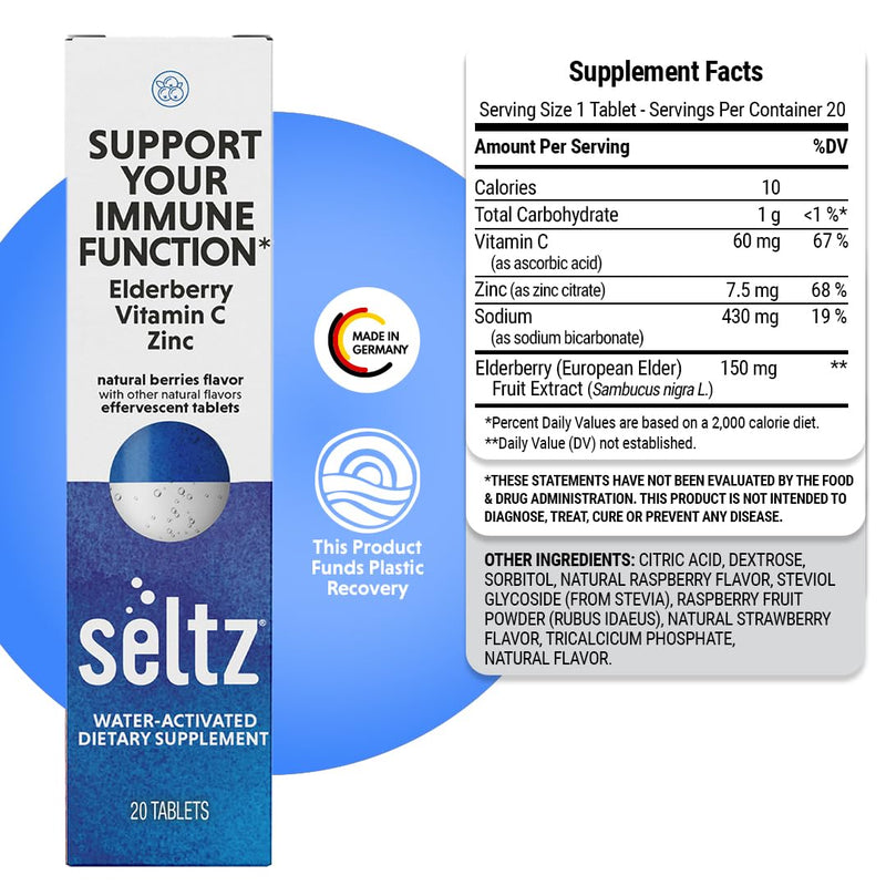 Seltz Immune Support Drink Tablets, Effervescent Elderberry with Zinc | Immune Defense, Vitamin C, Antioxidants, Drop Fizz and Drink, Refreshing and Supports Hydration, 20 Tablets, 1 Pack 20 Tablets (pack of 1)