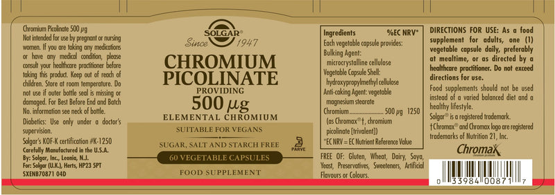 Solgar Chromium Picolinate 500 mcg, 60 Vegetable Capsules