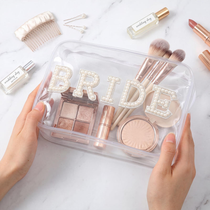 Kacctyen 6 Pack Bride Crew Clear Makeup Bag Gifts for Bridesmaids Bridal Party Engagement Cosmetic Bag Bling Pearl Rhinestone Letter Patches Waterproof Bags Wedding Party Bachelorette Favors