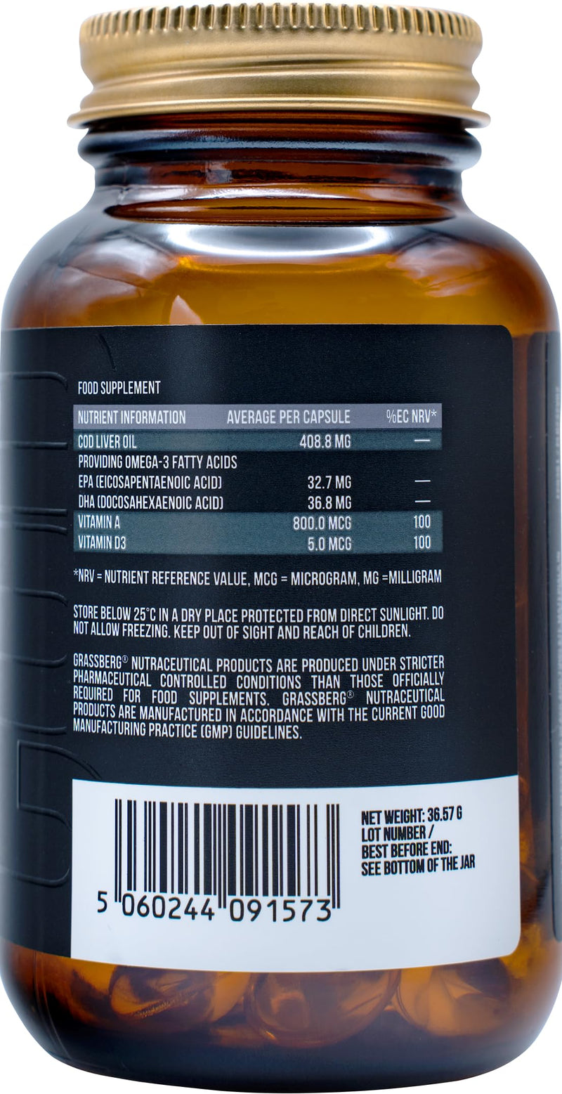 [Australia] - GRASSBERG - Cod Liver Oil + A + D | Cod liver oil + A + D | Supports the heart, immune system and metabolism - 60 capsules 