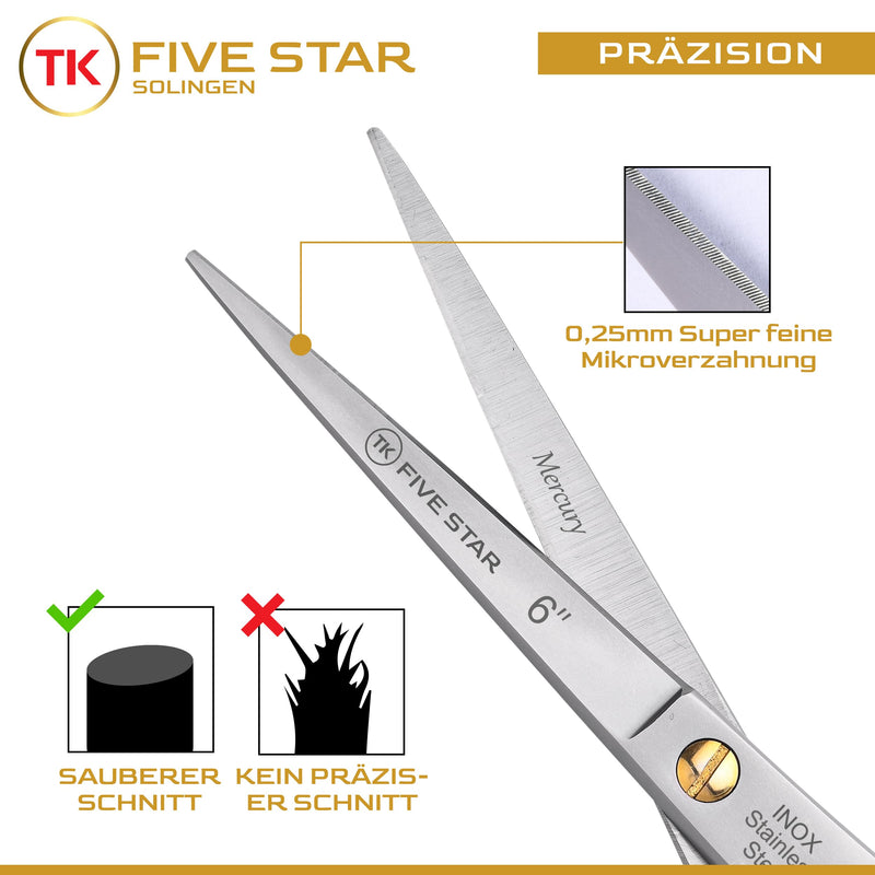 [Australia] - TK FIVE STAR SOLINGEN® Mercury Professional 6 inch extra sharp hairdressing scissors, hair cutting scissors, rust-proof for women, men, hairdressers and children, suitable for strong and fine hair 
