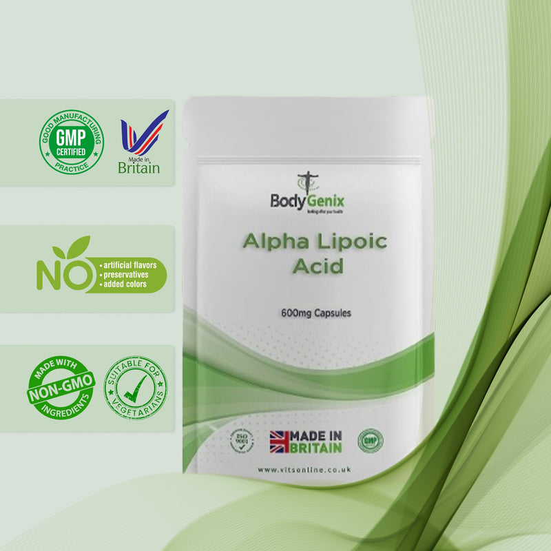 BodyGenix Alpha Lipoic Acid Capsules - 600mg ALA Powerful Antioxidant Metabolic Blood Sugar Support High Strength Vegan Supplement - 30 Caps 1 Month Supply
