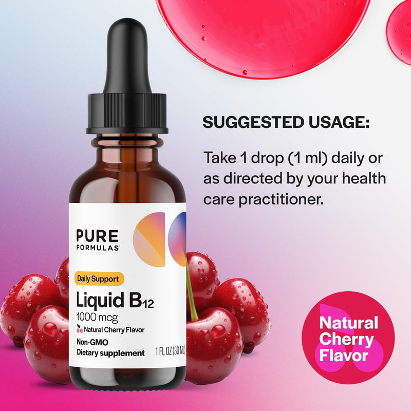 PureFormulas Liquid B12 1000 mcg - Natural Cherry Flavor B12 Sublingual Drops, Potent Daily Support for Energy & Wellness - Non-GMO, Allergen-Free - 1 fl. Oz.