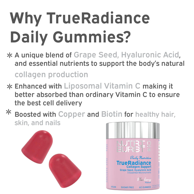 Nutriburst - TrueRadiance Collagen Support Gummies for Healthy Hair, Skin & Nails - Biotin (100µg), Hyaluronic Acid (50mg), Vitamin A (400µg) + Vitamin C (80mg) - 60 Gummies 1 Month Supply 60 Count (Pack of 1) Collagen Booster
