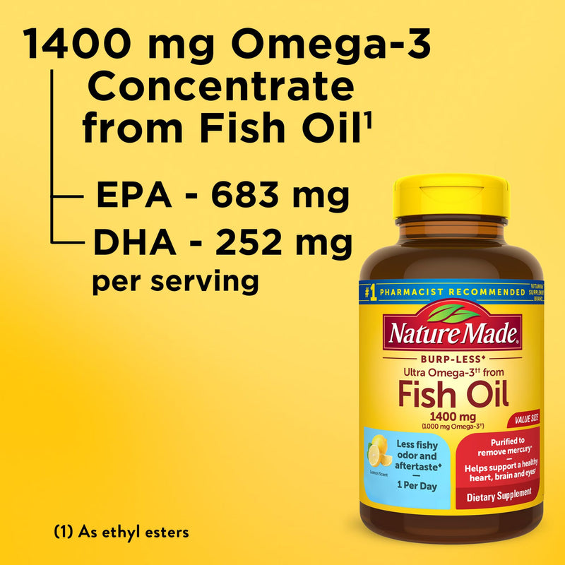 [Australia] - Nature Made Burp Less Ultra Omega 3 Fish Oil Supplements, 1400mg Fish Oil Omega 3 Supplements as Ethyl Esters for Healthy Heart Brain Eyes Support, One Per Day, 90 Softgels 90 Count (Pack of 1) 