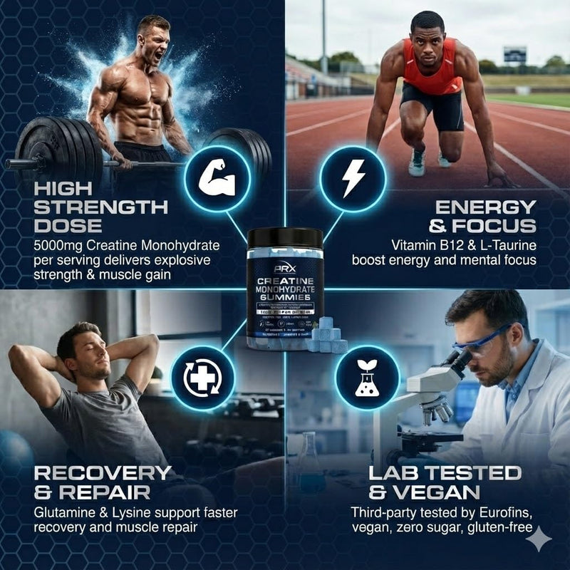 PRX Creatine Gummies 5000mg – Blueberry | Vegan Creatine Monohydrate with B12, L-Taurine & Amino Acids | Muscle Growth, Strength & Recovery | Zero Sugar • Eurofins Tested • 90 Gummies (Blueberry)