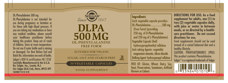 Solgar DLPA 500 mg (DL-Phenylalanine) Vegetable Capsules - Pack of 50