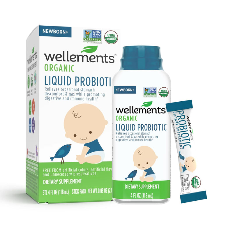 Wellements Certified USDA Organic Liquid Probiotic 4 Fl Oz, Gripe Water & Probiotics for Infant Digestion & Immune Health, Relief for Gas, Colic & Hiccups, Free from Dyes, Parabens, Preservatives