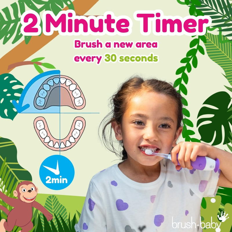 [Australia] - brush-baby WildOnes™ Rechargeable Kids Electric Toothbrush – Monkey | Flashing Lights, 2-Min Timer, Waterproof, 3 Brush Heads | Toddler & Child Toothbrush Ages 0-10 | Soft Bristles 