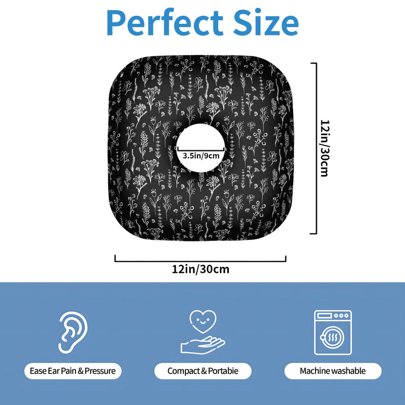 Ear Piercing Pillow for Side Sleepers, Pillow with an Ear Hole for CNH and Ear Pain Ear Inflammation Pressure Sores, O-Shaped Side Sleeping Pillow, Cow Texture Ear Guard Pillow Black/White Flowers One Size