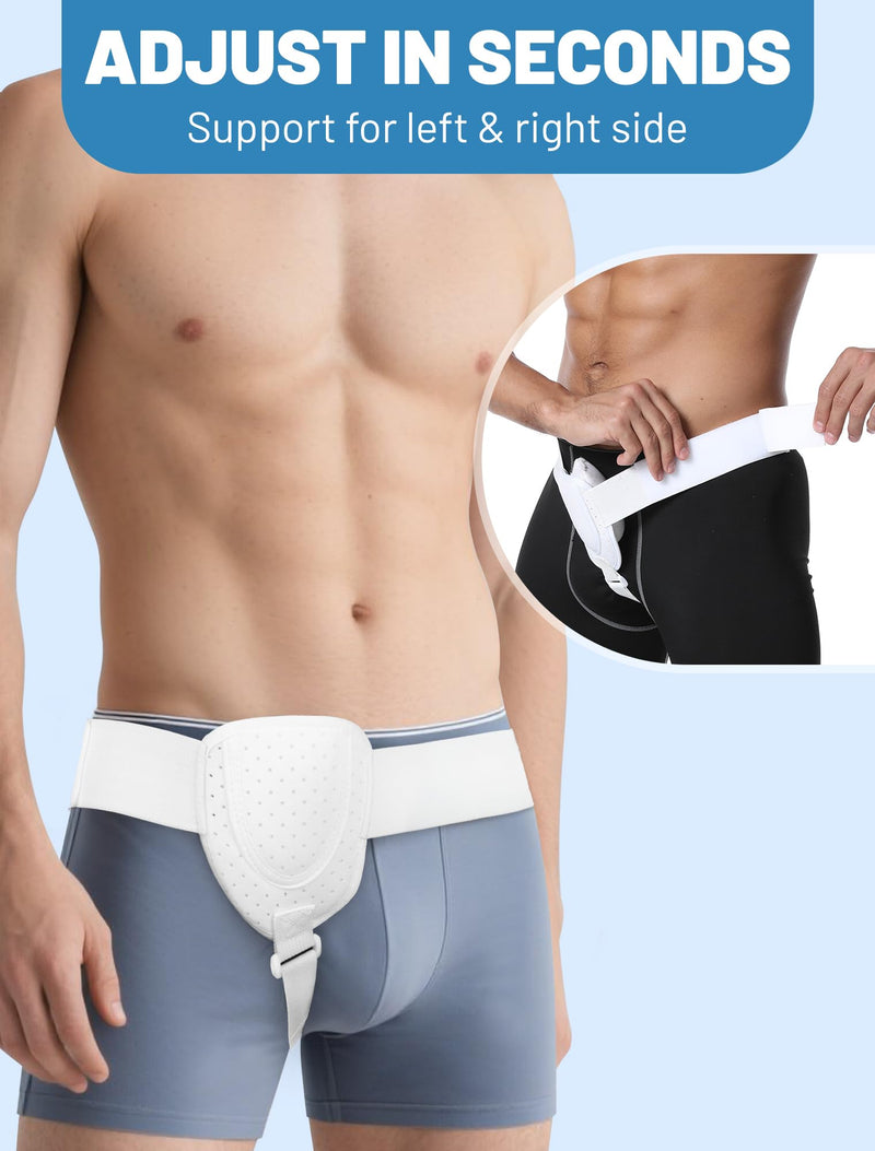 Hernia Belts for Men Inguinal, Hernia Belt for Women, Inguinal Hernia Support for Left or Right Side, Comfortable Adjustable Waist Strap with Removable Compression Pads, White