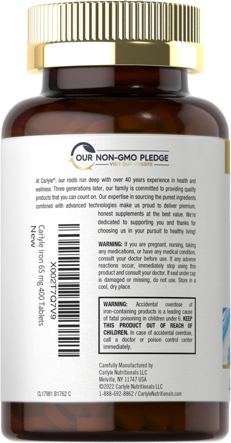 Carlyle Iron Ferrous Sulfate 65 mg | 400 Tablets | Non-GMO, Gluten Free, and Vegetarian Supplement | High Potency