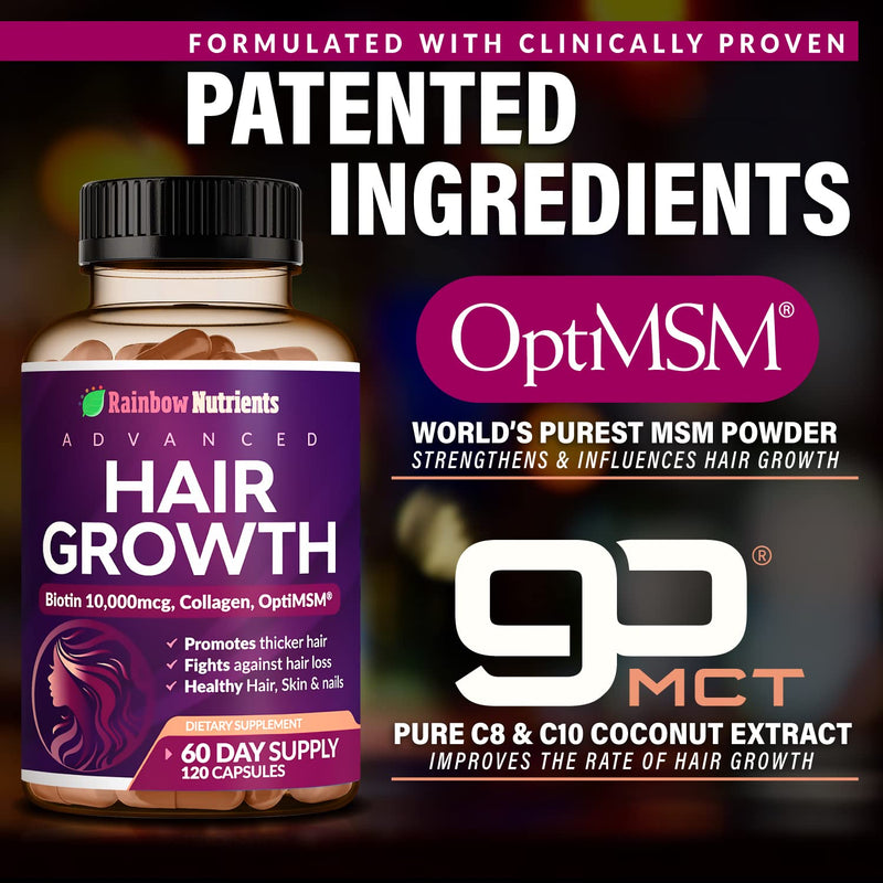 Hair Growth Vitamins for Women | Biotin 10,000mcg, Collagen, Patented OptiMSM®, goMCT®, Saw Palmetto | Naturally Supports Stronger & Healthier Hair, Skin and Nails |Non GMO + Made in USA|60 Day Supply 120 Count (Pack of 1)