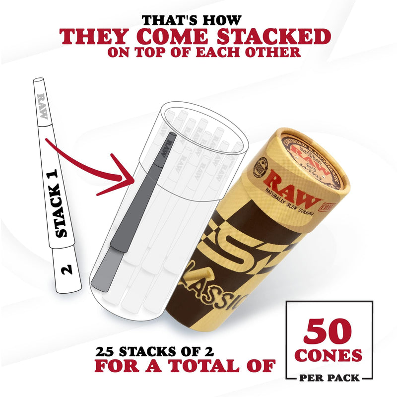 [Australia] - RAW Cones Classic King Size | 50 Pack | Natural Pre Rolled Rolling Paper with Tips & Packing Tubes Included 