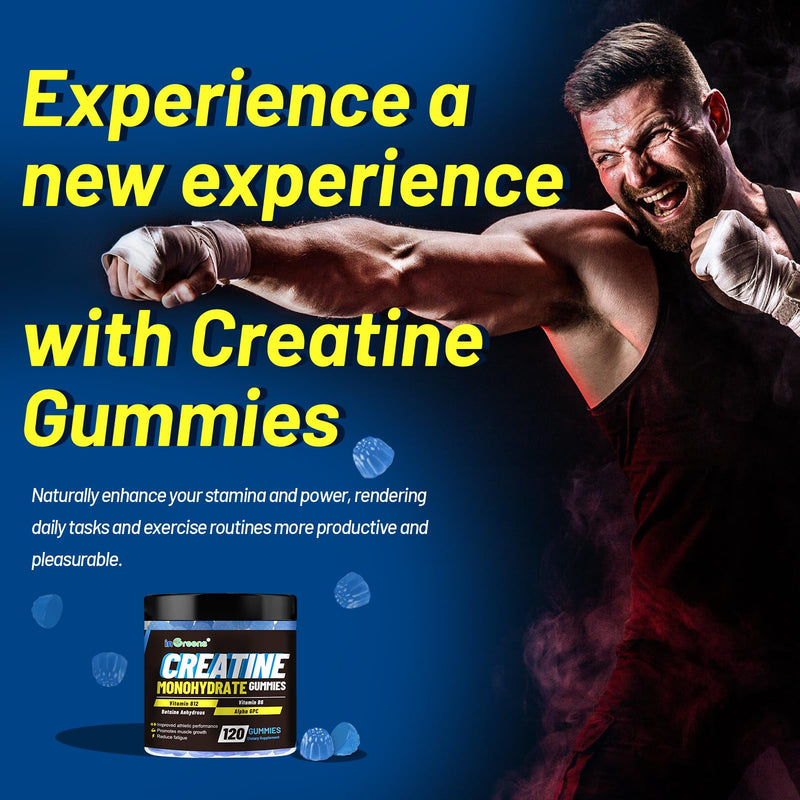 inGreens Creatine Gummies 6000mg, Creatine Monohydrate Gummies for Men & Women, Potent Creatine Supplement, Increase Strength & Build Muscle, Sugar Free, Mixberry Flavor, 120 Count